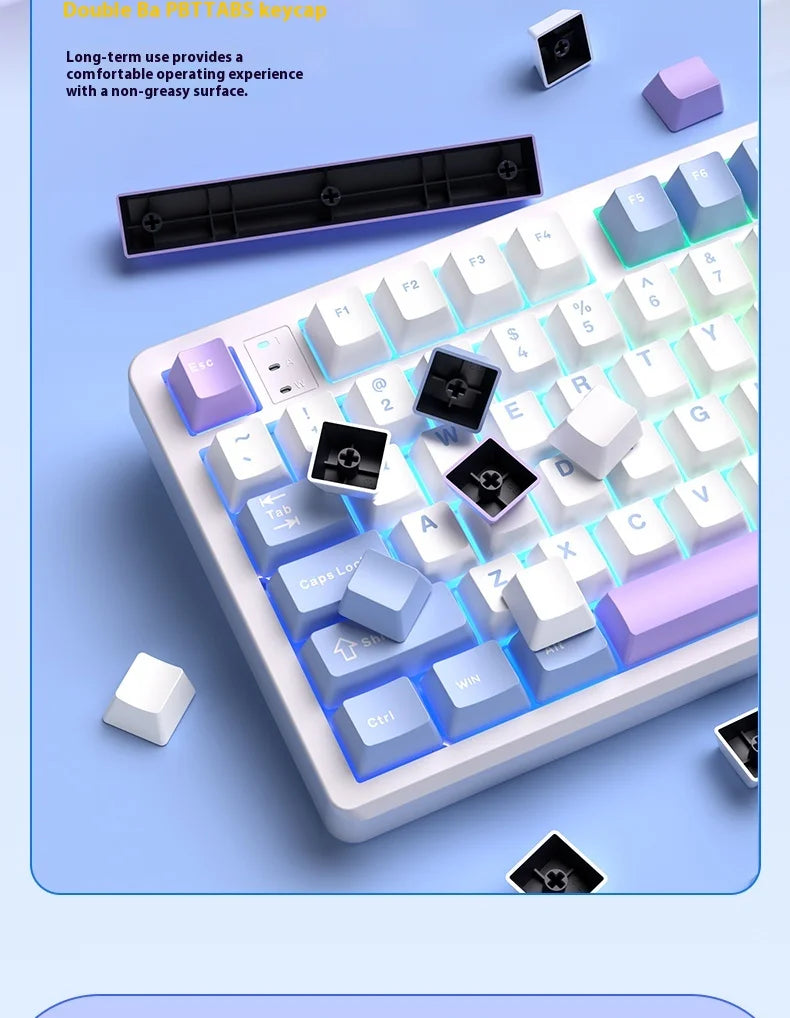 A close-up view of a white mechanical keyboard with purple keycaps and black switches, featuring a long-term use surface.