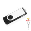 Silver metal USB 2.0 flash drive with a black casing and keyring attached