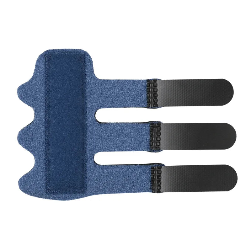 A dark blue adjustable finger splint designed for pain relief and support.