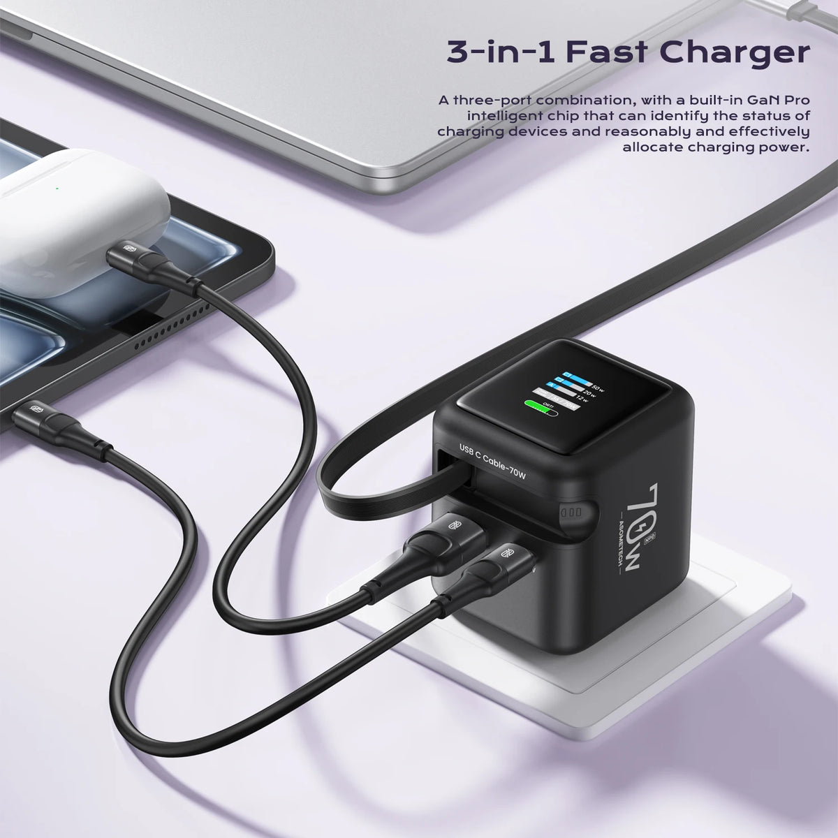 A 3-in-1 fast charger setup showing a power adapter, cable, and a white charging device.