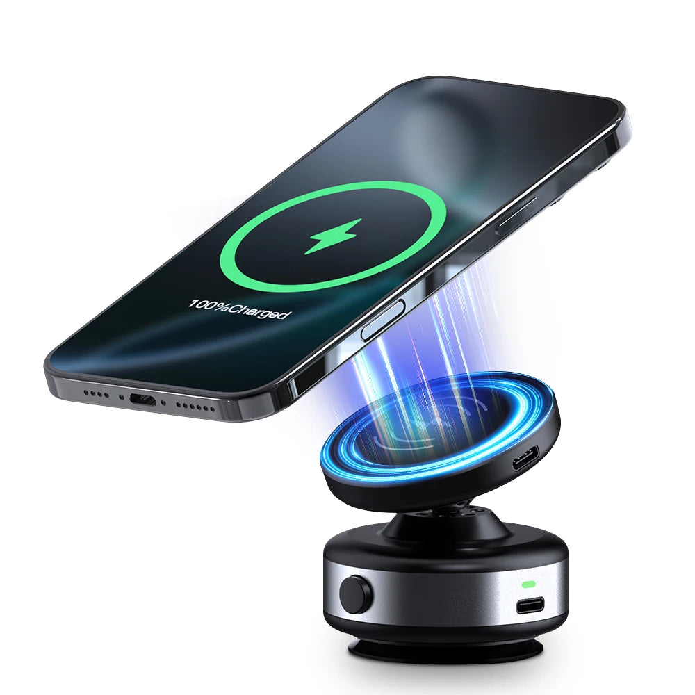 A black smartphone is shown charging, with a magnetic wireless car phone charger base below it.