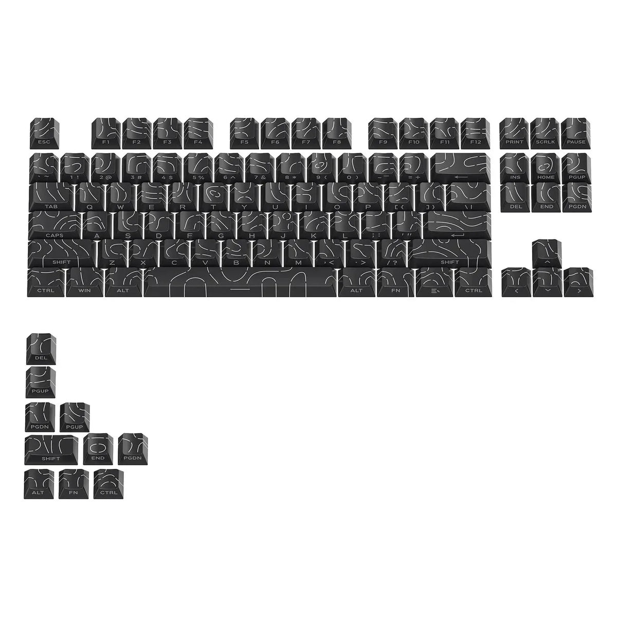 A row of black mechanical keycaps, including function keys and modifiers, for custom keyboards.