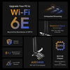 A diagram showing the features of a Wi-Fi 6E adapter including unimpeded streaming, maximized signal coverage with two antenn