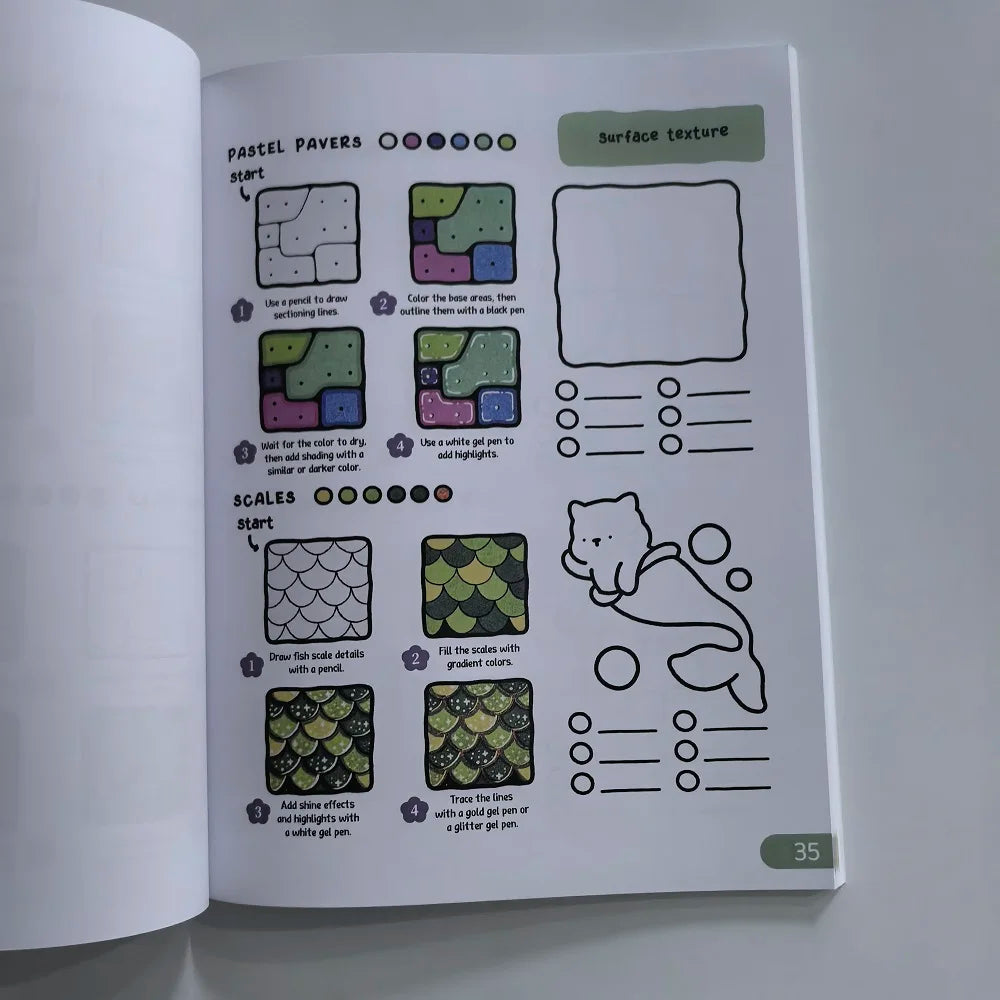 A page from a pattern coloring book showing surface texture and scales sections for coloring