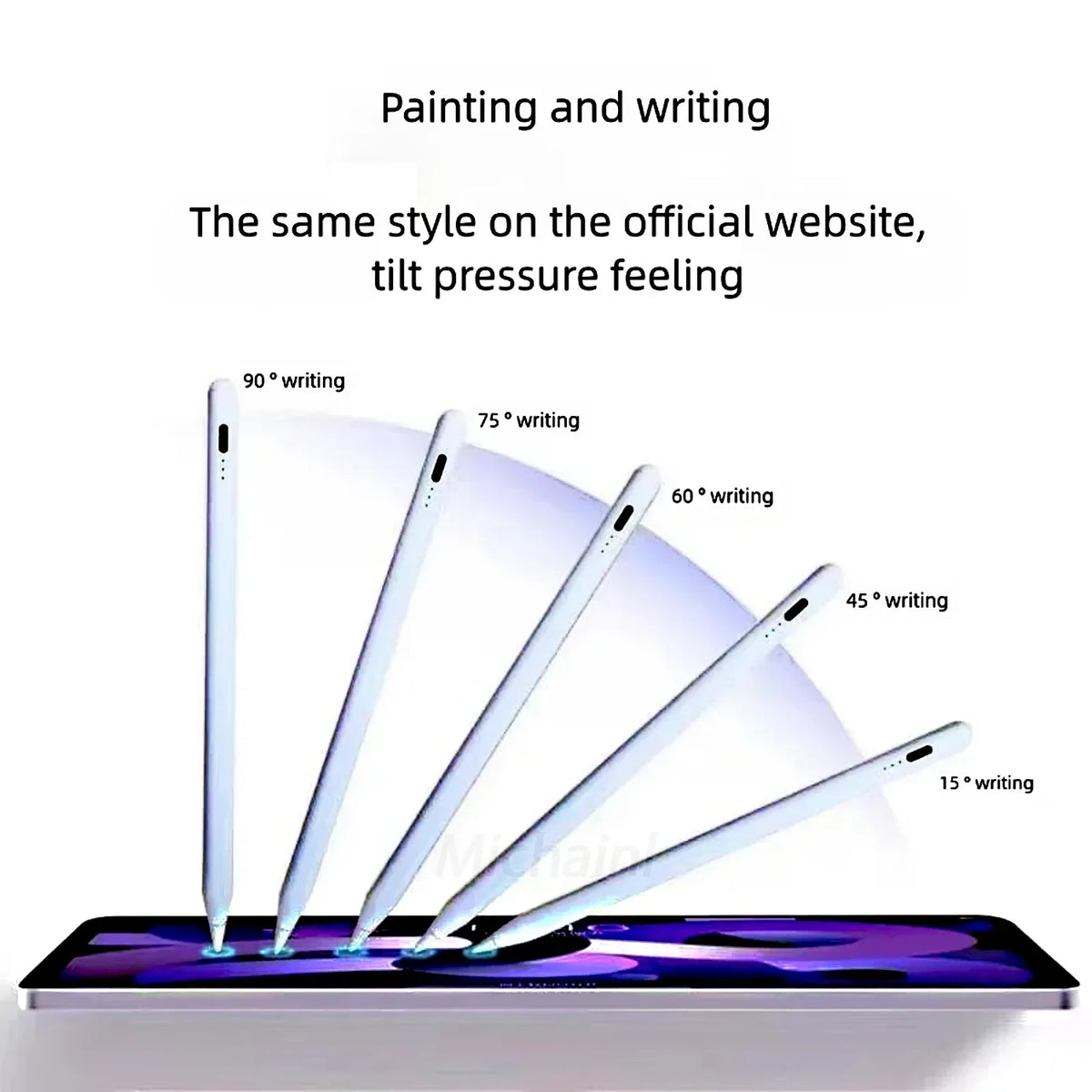 A precision stylus pen is shown interacting with a tablet screen, demonstrating tilt pressure features for painting and writi