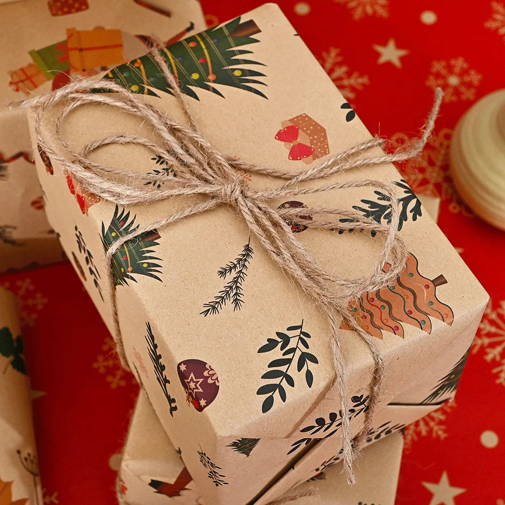 A stack of Christmas gift boxes wrapped in patterned paper featuring Santa, trees, and foliage designs on a red background.
