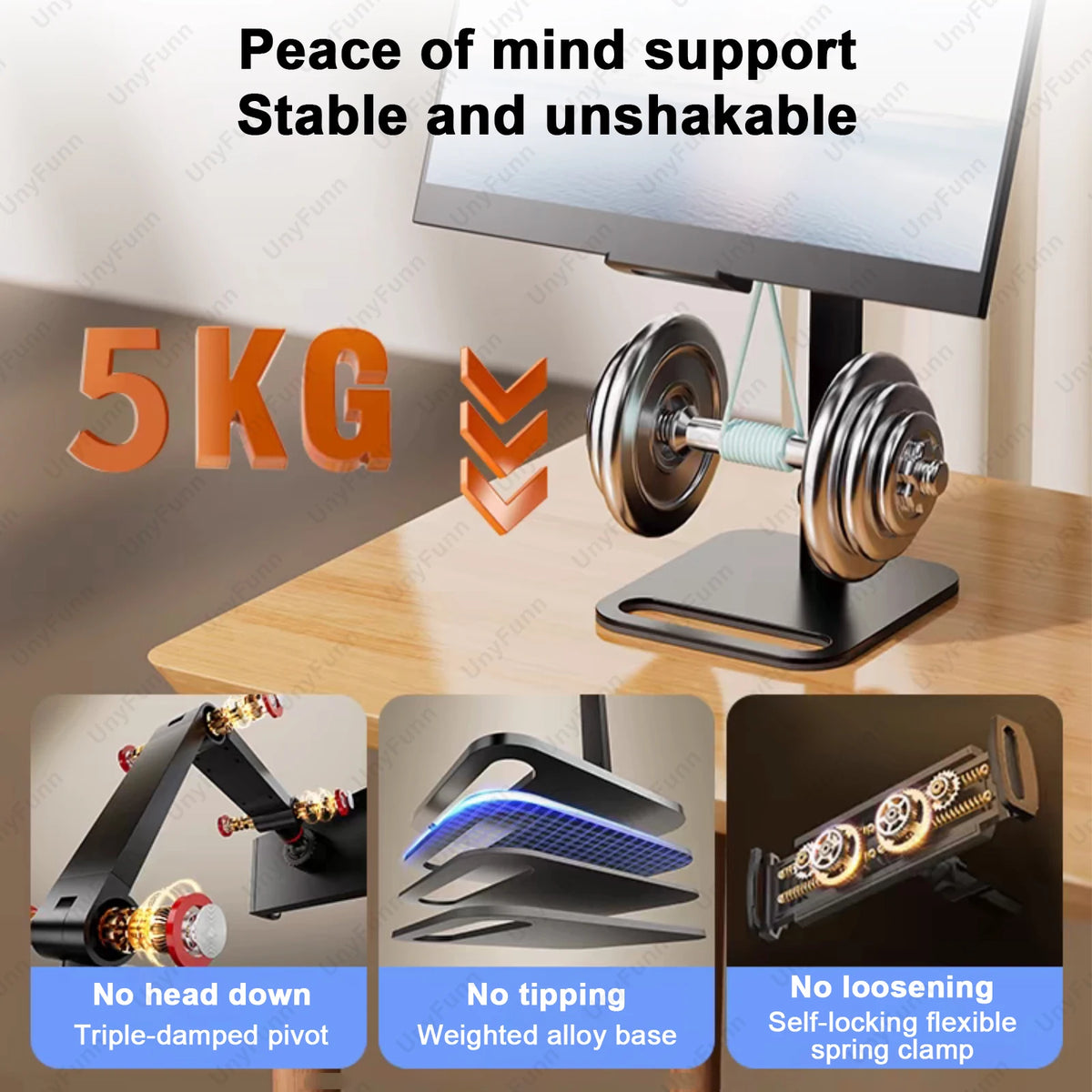 A black adjustable monitor stand with a heavy-duty clamp and multi-angle design for stable viewing.