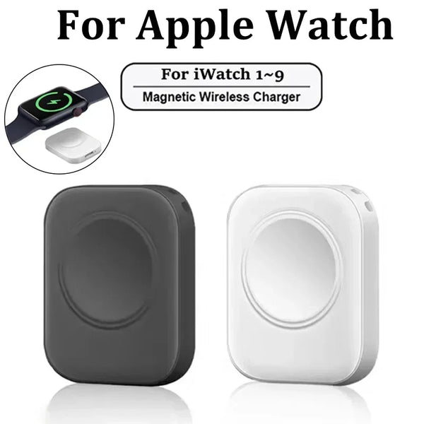 A magnetic wireless charger for an Apple Watch, shown with the watch and the charging pad.