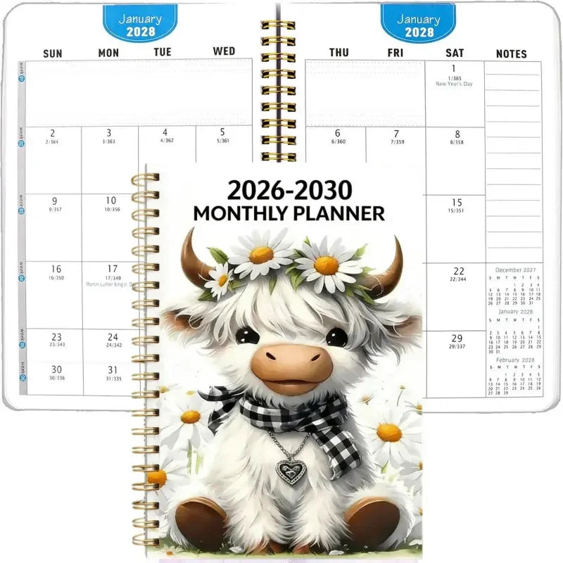 A monthly planner featuring a cute white alpaca illustration on the cover.