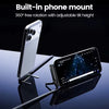 A silver phone mount with a built-in phone holder and adjustable tilt height is shown next to a smartphone.