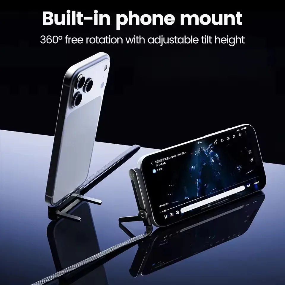 A silver phone mount with a built-in phone holder and adjustable tilt height is shown next to a smartphone.