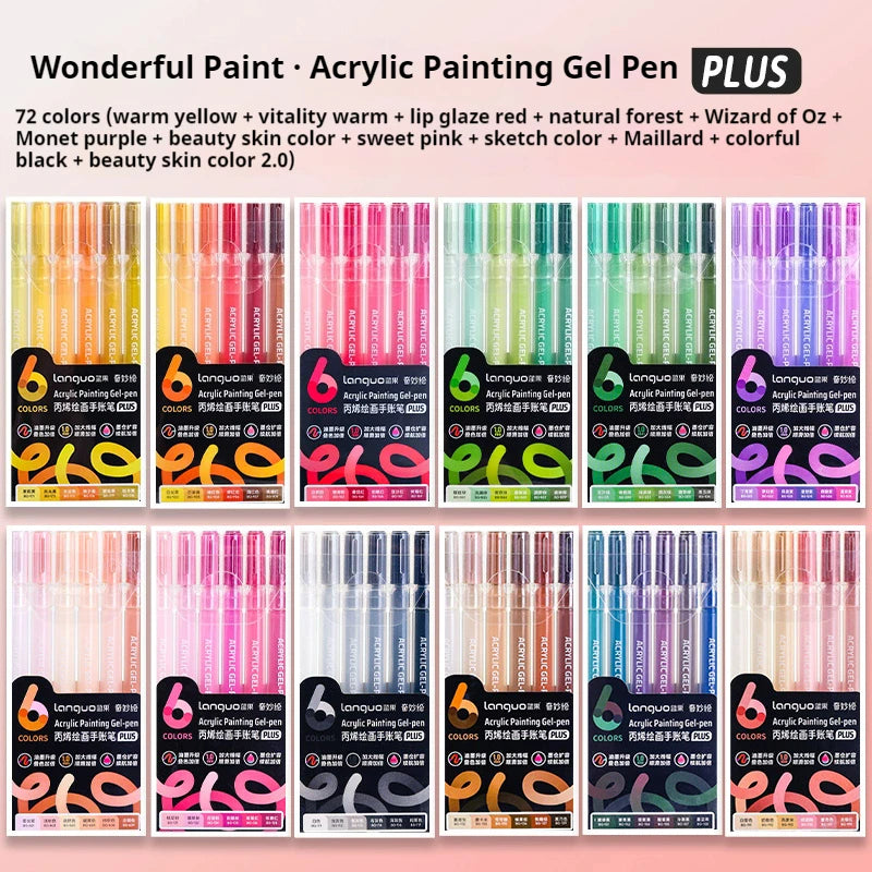 A set of 72 multi-color acrylic painting gel pens in various shades including warm yellow, natural forest, and purple.