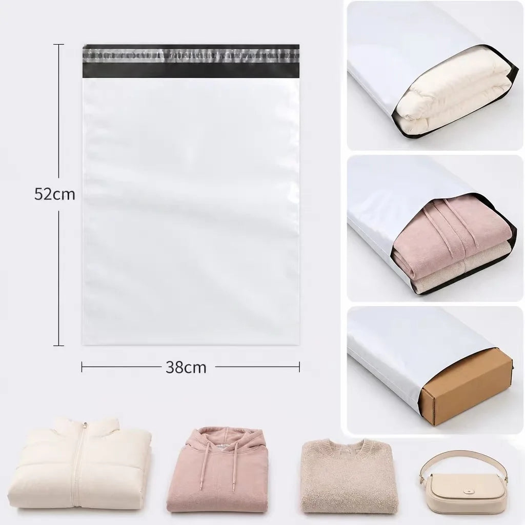 A set of white and pink self-adhesive courier mailer bags shown with various sizes and a beige pouch.