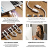 A white USB-C to USB cable is shown with various accessories and usage contexts.