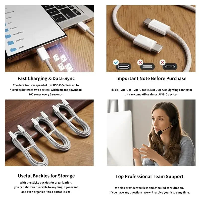A white USB-C to USB cable is shown with various accessories and usage contexts.