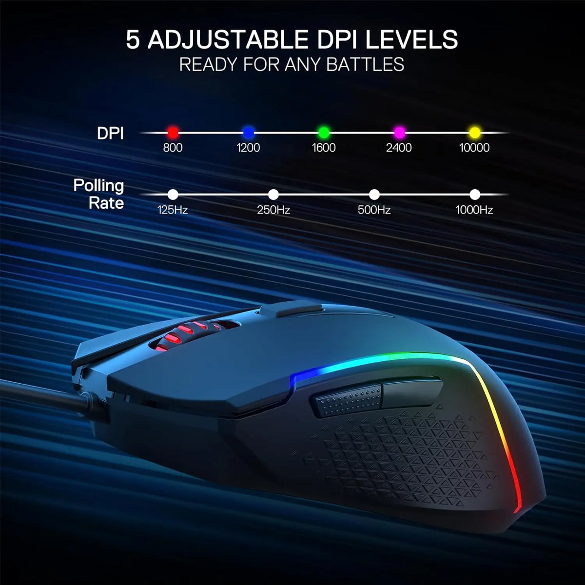 A dark gray gaming mouse with RGB lighting and a scroll wheel, displayed against a blue digital background.