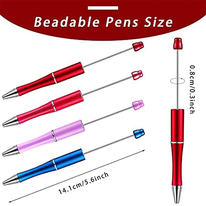 A collection of colorful plastic beaded ballpoint pens shown in various sizes and colors.