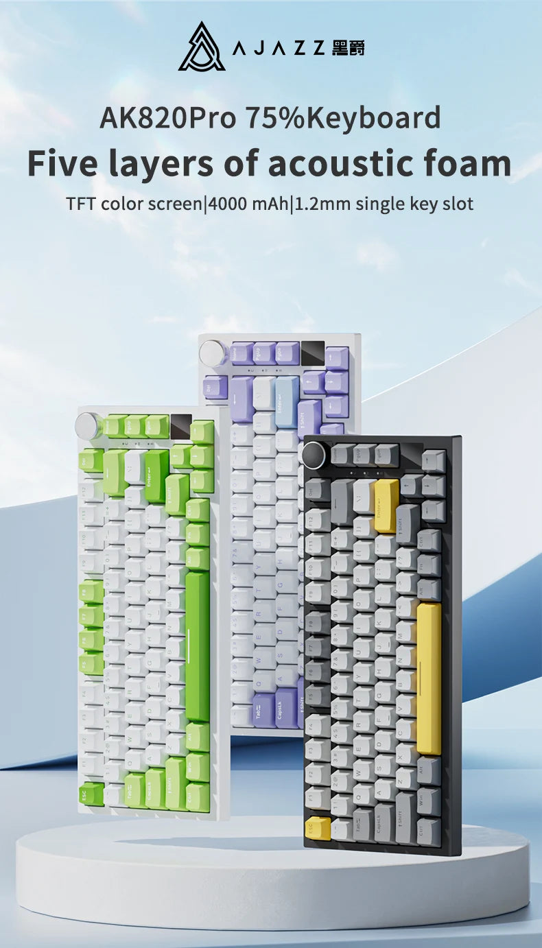 AK820Pro mechanische Tastatur mit fünf Schichten akustischer Schaumstoff, mit verschiedenen Keycap-Optionen dargestellt.