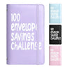 A purple budget binder featuring the text 100 envelope savings challenge on the cover, shown alongside variations in color.