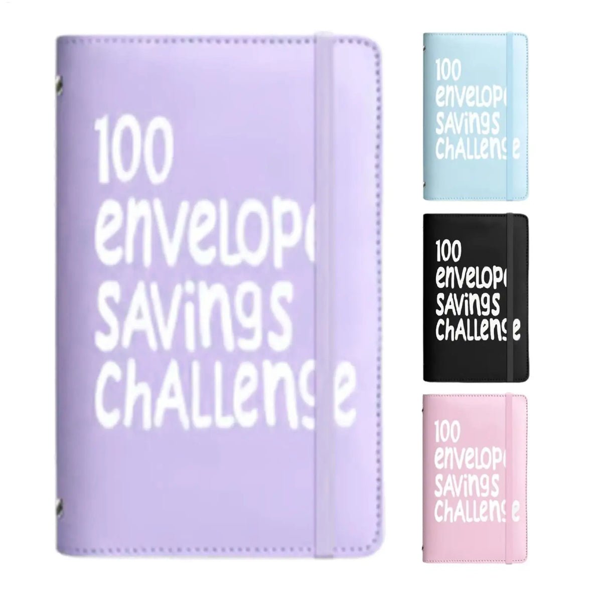 A purple budget binder featuring the text 100 envelope savings challenge on the cover, shown alongside variations in color.