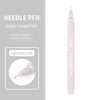 A light gray needle pen with a silver tip and a pink barrel is shown against a gray background.