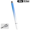 A long, slender blue stylus pen with a silver tip shown next to a close-up view.
