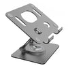 Silberner Tablet-Halter mit rotierender Mechanik für sichere Geräteplatzierung.