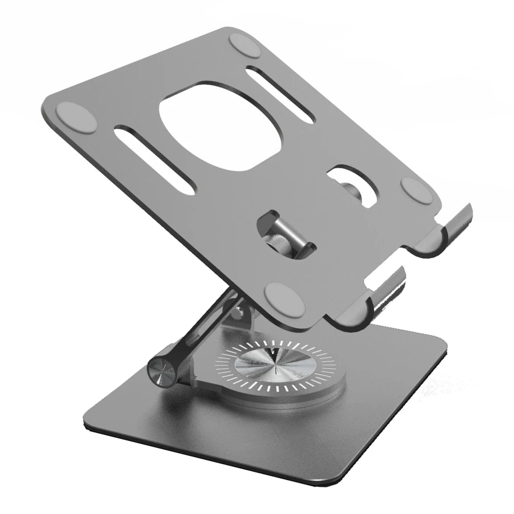 Silberner Tablet-Halter mit rotierender Mechanik für sichere Geräteplatzierung.