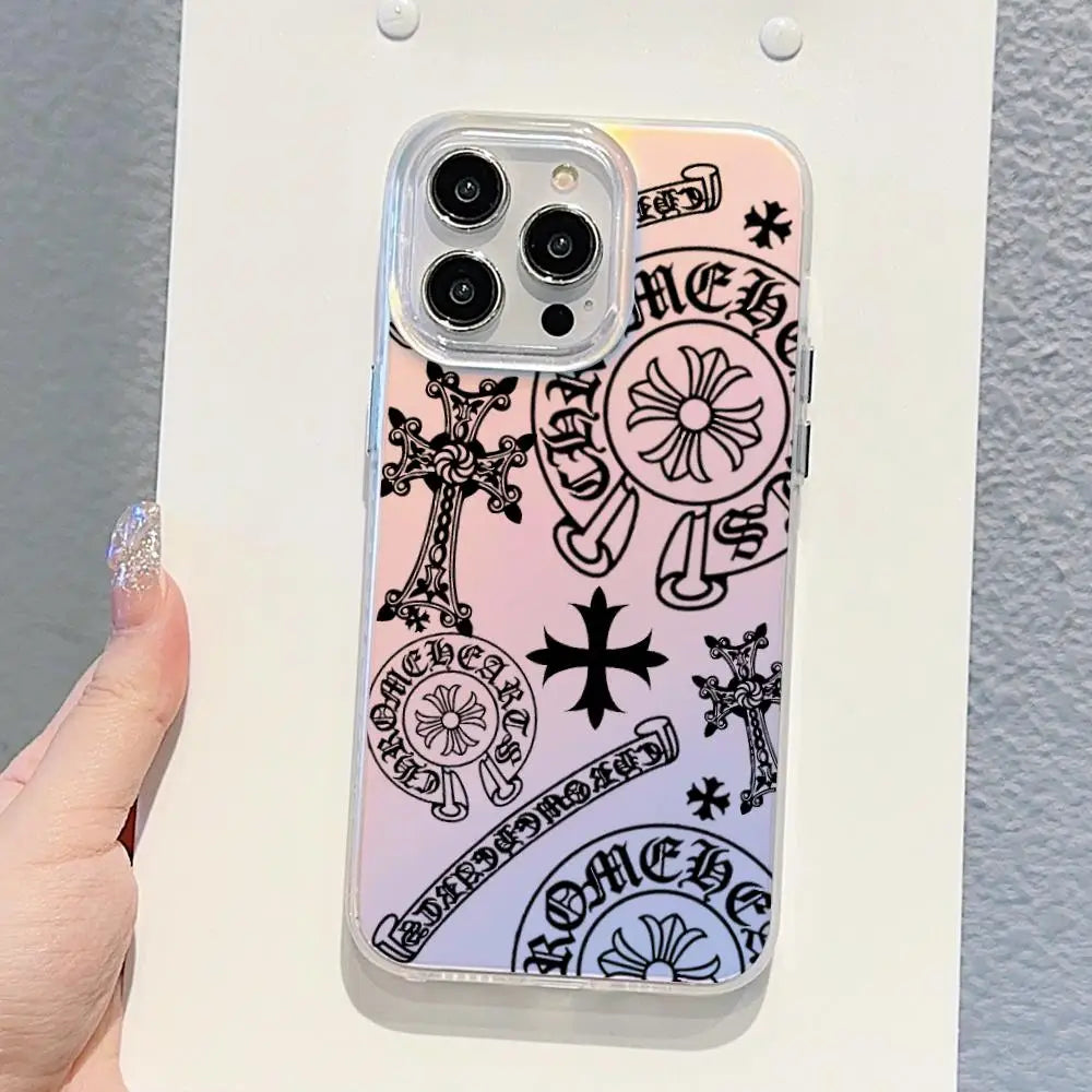 A holographic gradient phone case for an iPhone featuring gothic and floral designs.