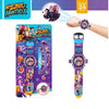 A purple and black 3D projection anime wrist watch for kids displayed next to a hand wearing a similar watch.