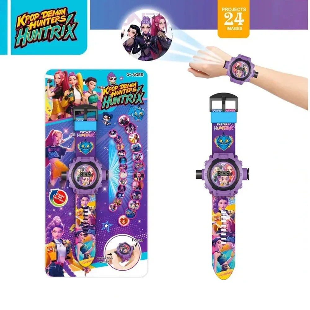 A purple and black 3D projection anime wrist watch for kids displayed next to a hand wearing a similar watch.