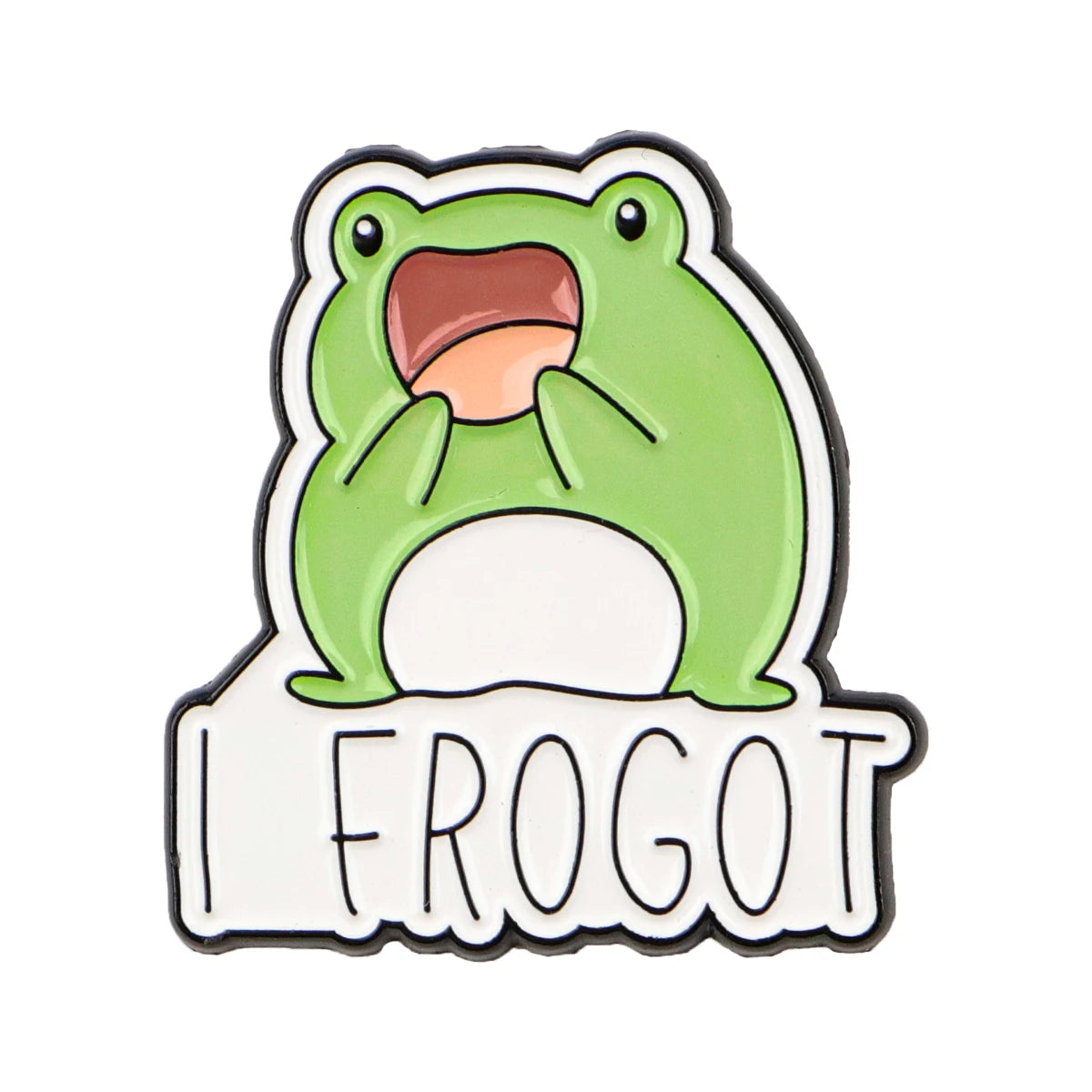 An enamel pin featuring a green frog with an open mouth expression and the text FROGOT.
