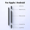 A set of three magnetic stylus pens showing different tips and a plastic pen body for Apple and Android devices.
