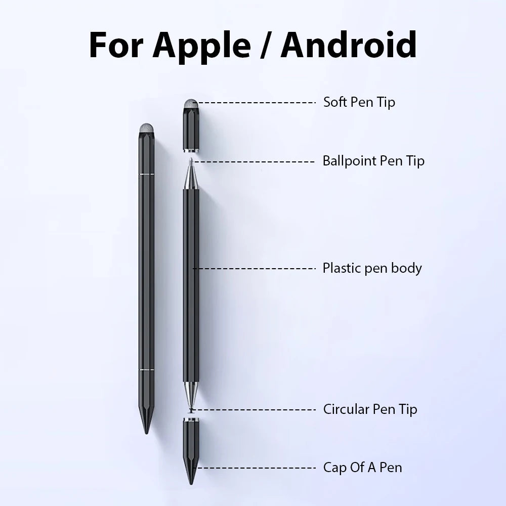 A set of three magnetic stylus pens showing different tips and a plastic pen body for Apple and Android devices.