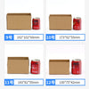 A set of six brown kraft cardboard shipping boxes and six red cans displayed in various sizes.