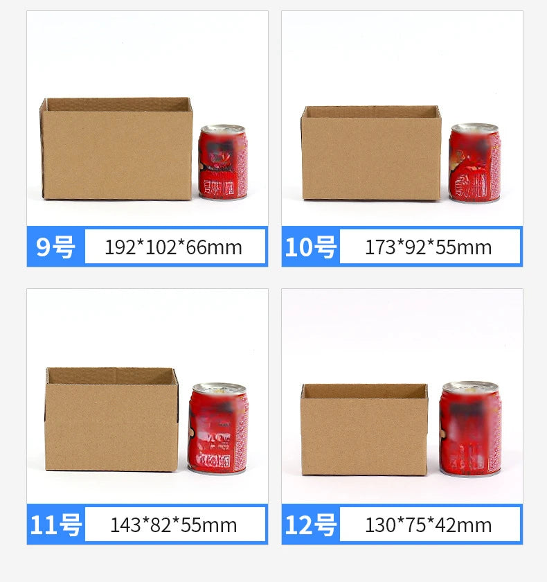 A set of six brown kraft cardboard shipping boxes and six red cans displayed in various sizes.