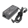Black universal laptop AC adapter with input and output specifications and a coiled cable