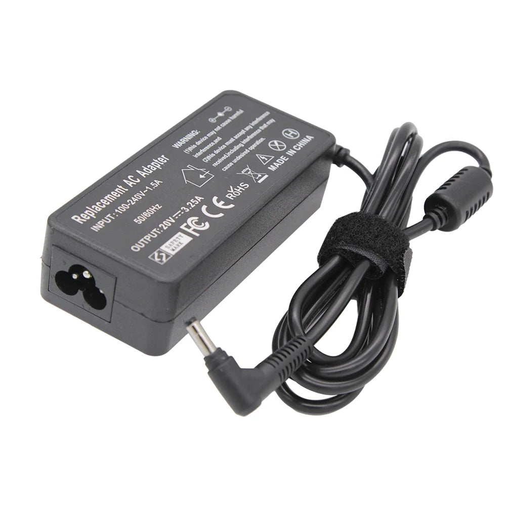 Black universal laptop AC adapter with input and output specifications and a coiled cable
