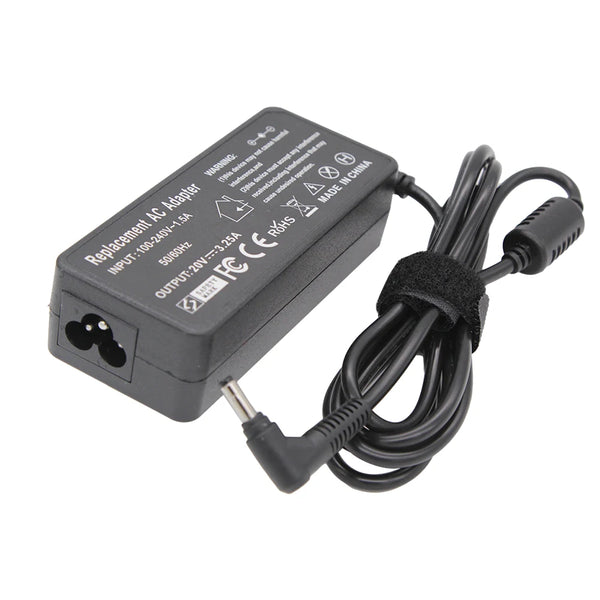 Black universal laptop AC adapter with input and output specifications and a coiled cable