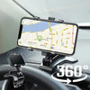 A phone is mounted on a car dashboard, displaying a map view, using a 360 degree universal mount.