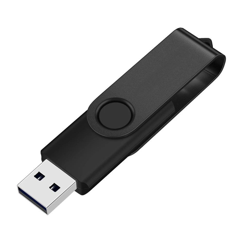 Schwarzer USB-Flash-Stick mit rotierender Mechanik und USB-Anschluss.