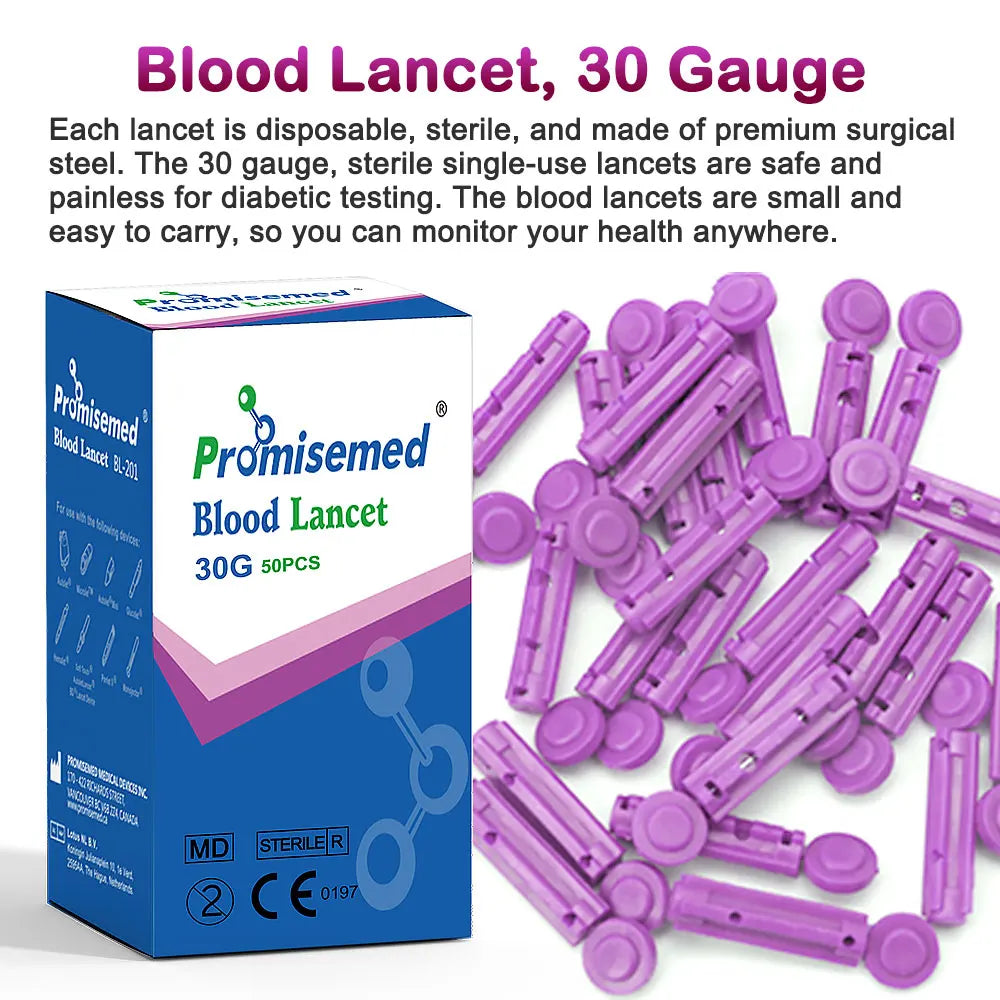 Box of Promisemed 30 Gauge disposable sterile blood lancets for diabetic testing