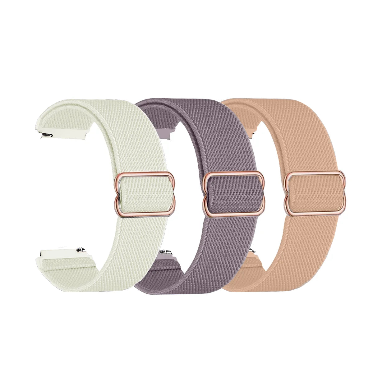 Three colored elastic sports bands for Garmin watches: cream, purple, and peach.