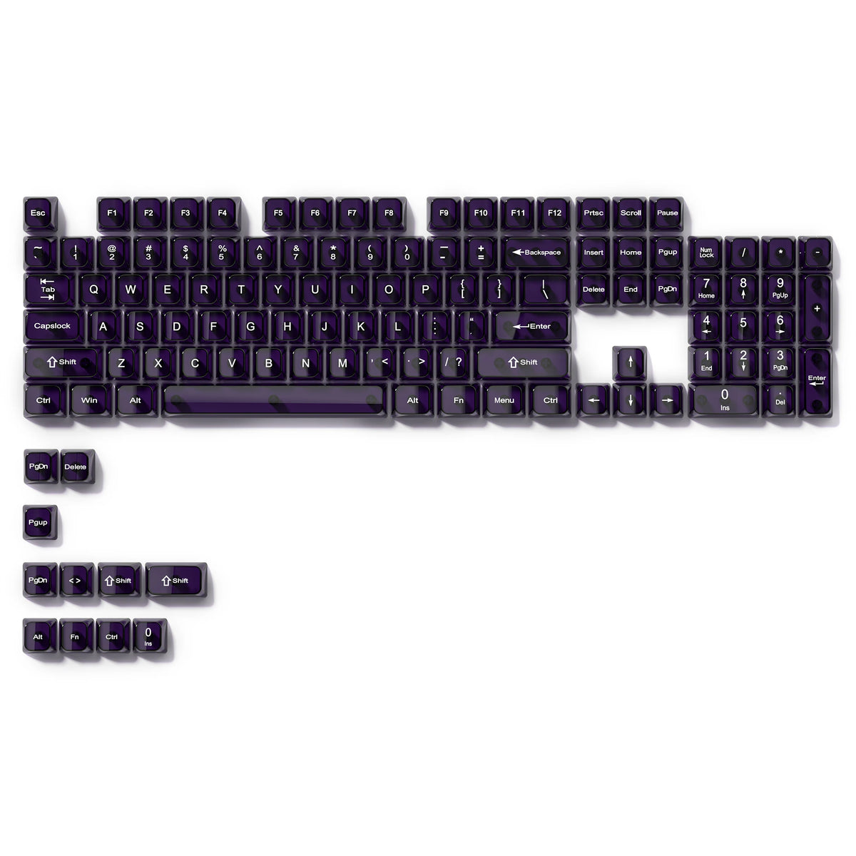 A full layout of crystal clear RGB keycaps for a mechanical keyboard, showing various alphanumeric and function keys.