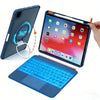 A blue 360 degree rotating keyboard case for an iPad is shown with its components and usage context.