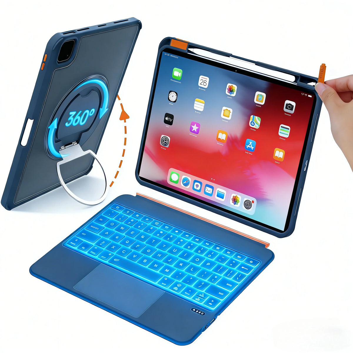 A blue 360 degree rotating keyboard case for an iPad is shown with its components and usage context.
