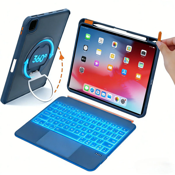 A blue 360 degree rotating keyboard case for an iPad is shown with its components and usage context.