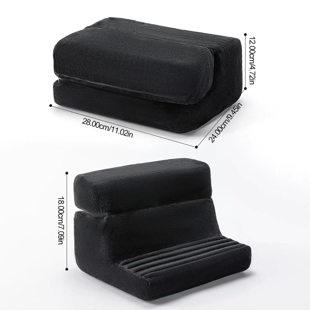 Black multi-angle tablet and phone stand with adjustable angles shown in two configurations.