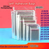 A display of self-adhesive clear plastic bags for packaging gifts and jewelry, showing various sizes.
