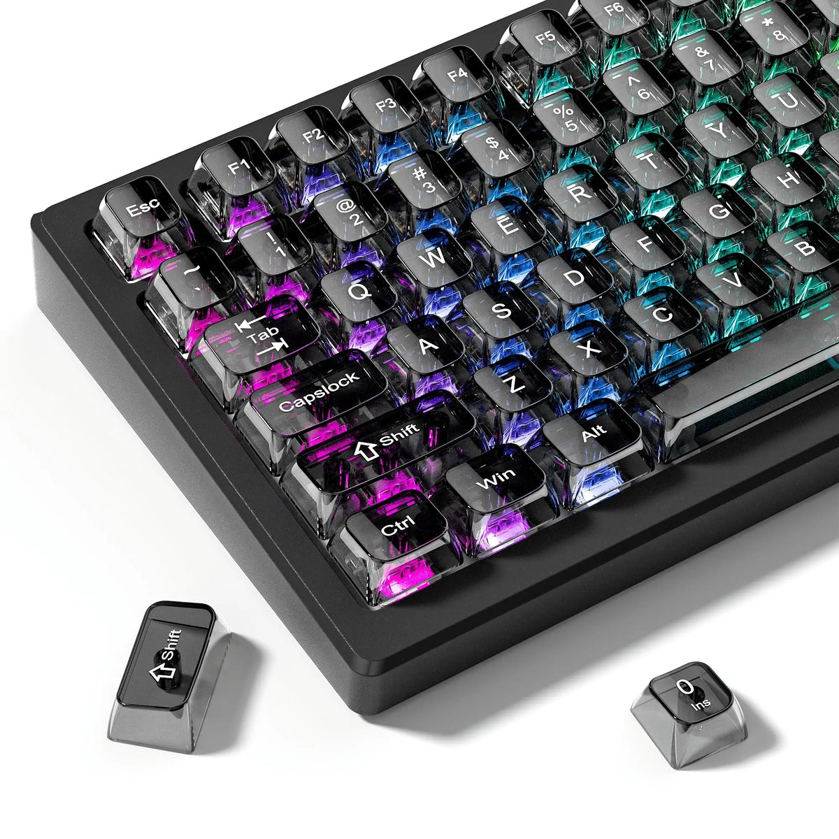A close-up view of a black mechanical keyboard with crystal clear RGB keycaps and various modifier keys.